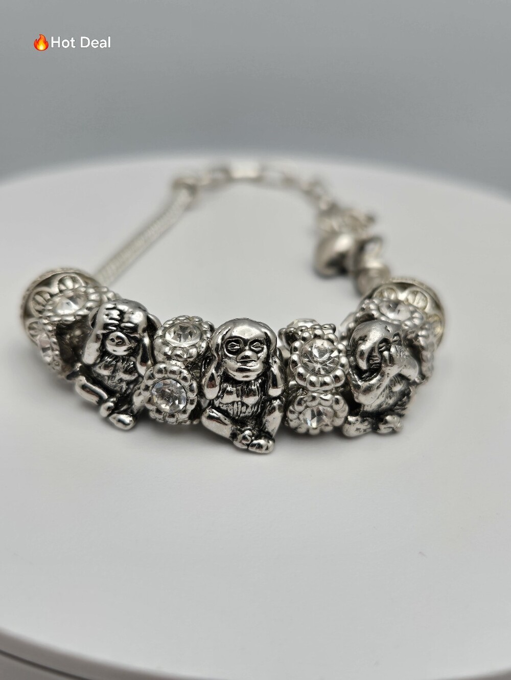 Three Wise Monkeys European Style Charm Bracelet Pavé Crystal Adjustable 8.5"